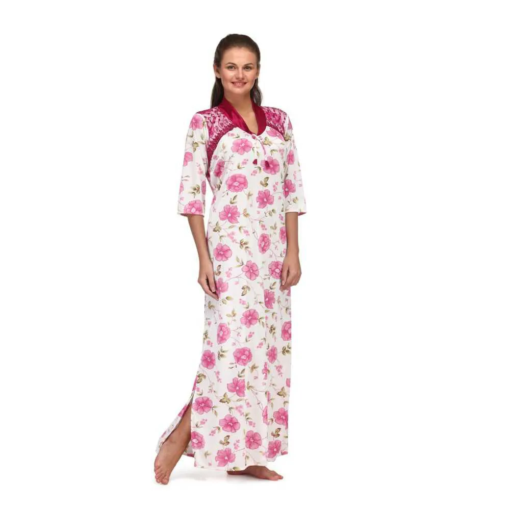 Floral Print Full Length Pink Women's Nightgown