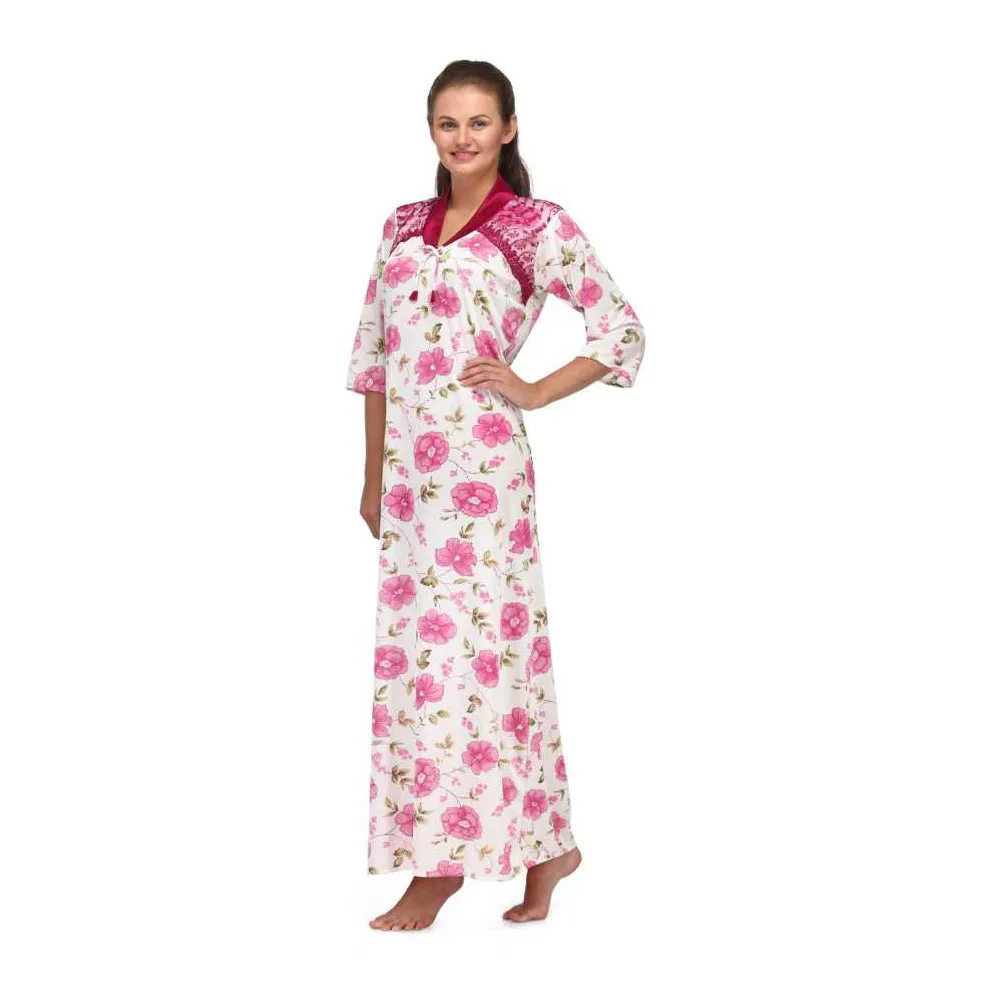 Floral Print Full Length Pink Women's Nightgown