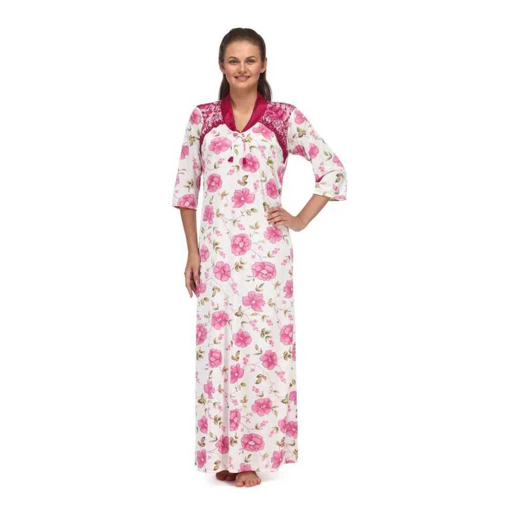 Floral Print Full Length Pink Women's Nightgown