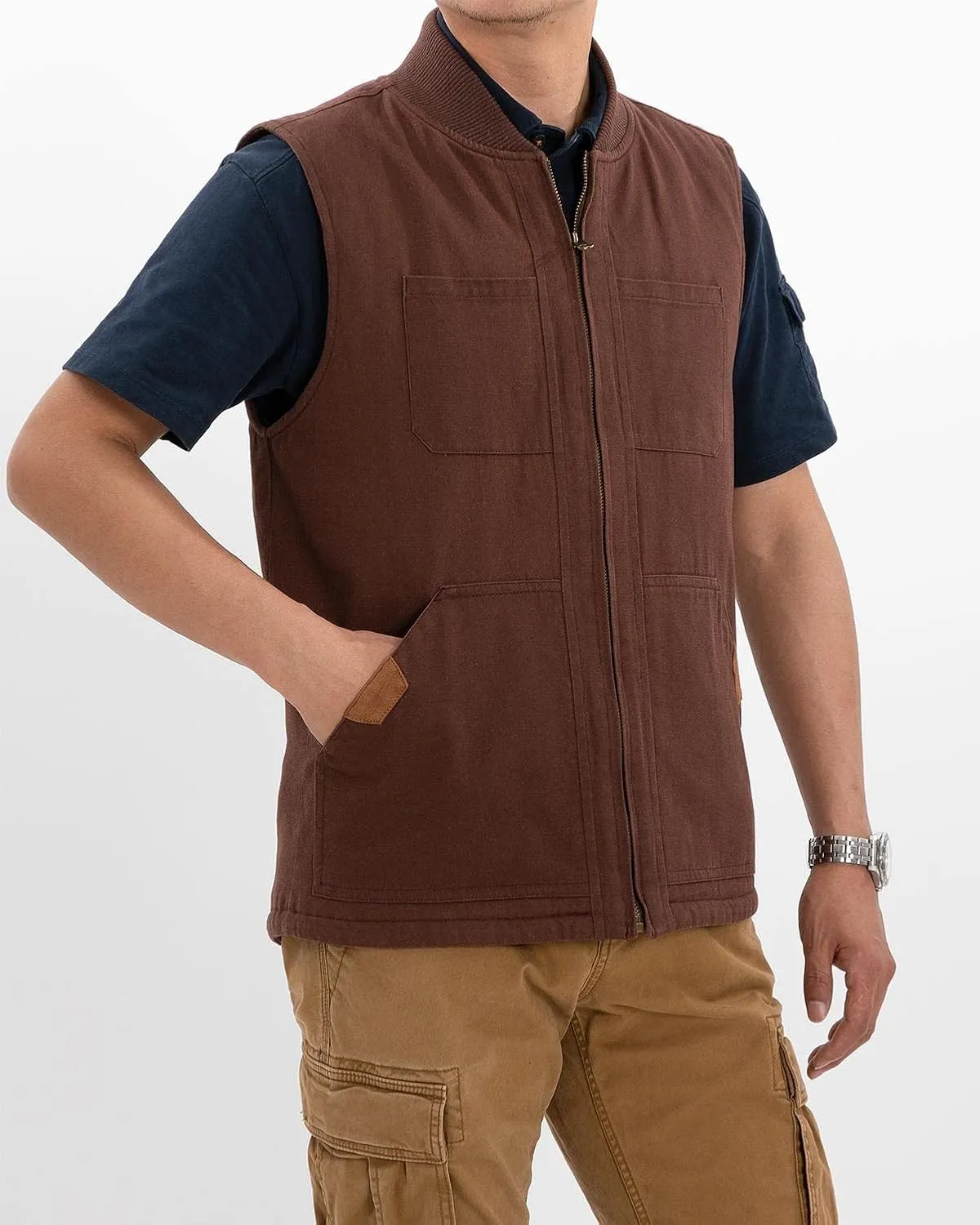 Lisskolo Men's Quilted Lined Vest Washed Canvas Winter Warm Outdoor Hunting Work Utility Travel Vest Jacket
