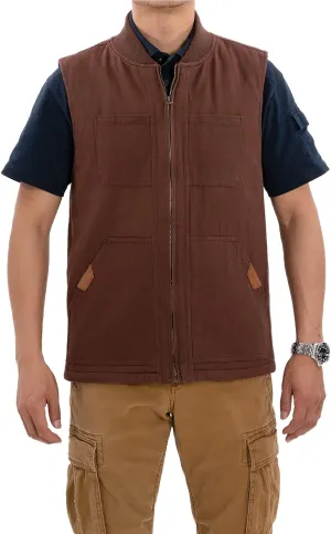 Lisskolo Men's Quilted Lined Vest Washed Canvas Winter Warm Outdoor Hunting Work Utility Travel Vest Jacket