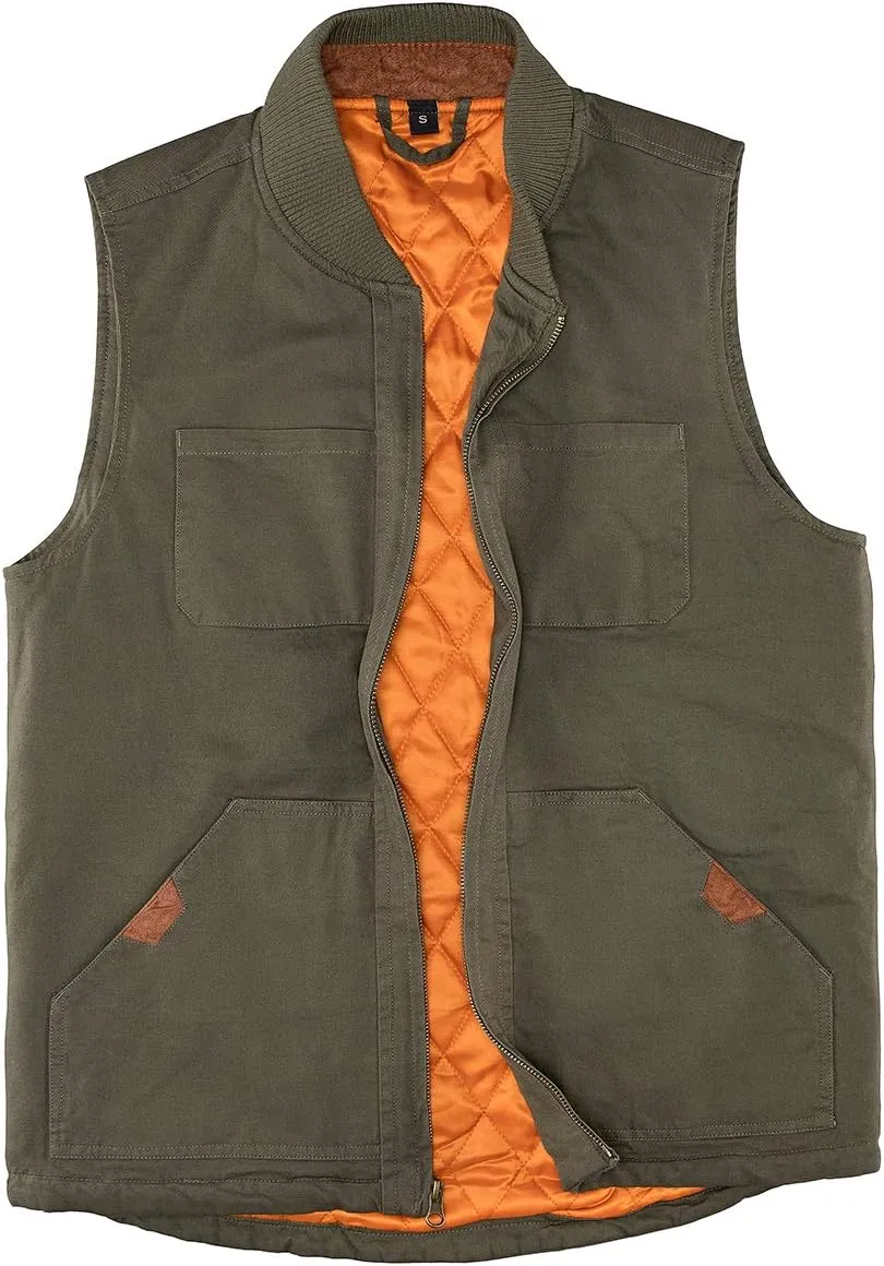 Lisskolo Men's Quilted Lined Vest Washed Canvas Winter Warm Outdoor Hunting Work Utility Travel Vest Jacket