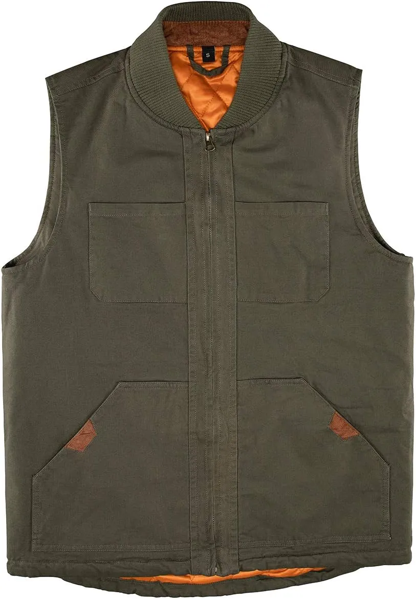 Lisskolo Men's Quilted Lined Vest Washed Canvas Winter Warm Outdoor Hunting Work Utility Travel Vest Jacket