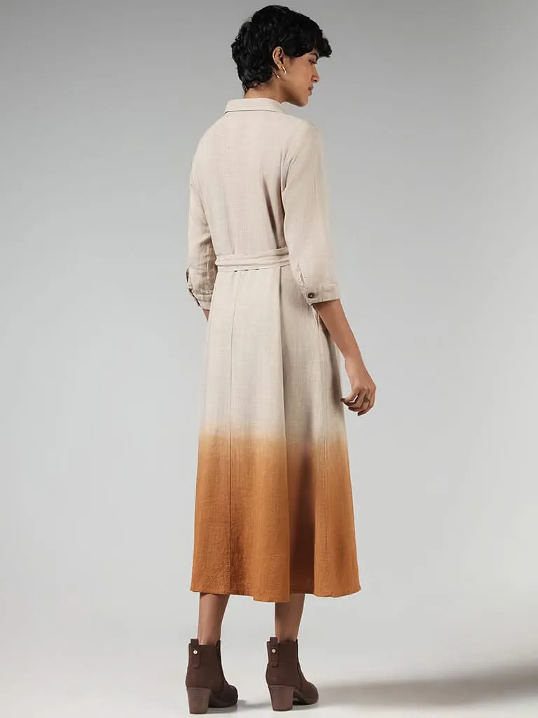 LOV Solid Beige Ombre Button Down Dress