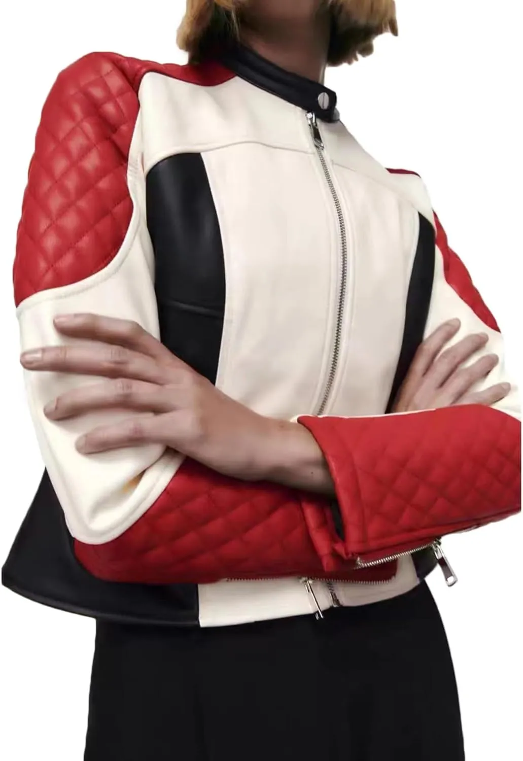 LY VAREY LIN Women's Faux Leather Bomber Jacket Patchwork Punk Moto Biker Coat