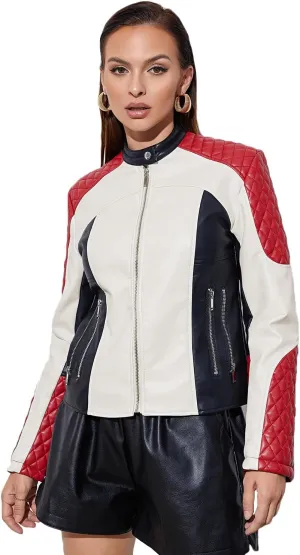 LY VAREY LIN Women's Faux Leather Bomber Jacket Patchwork Punk Moto Biker Coat