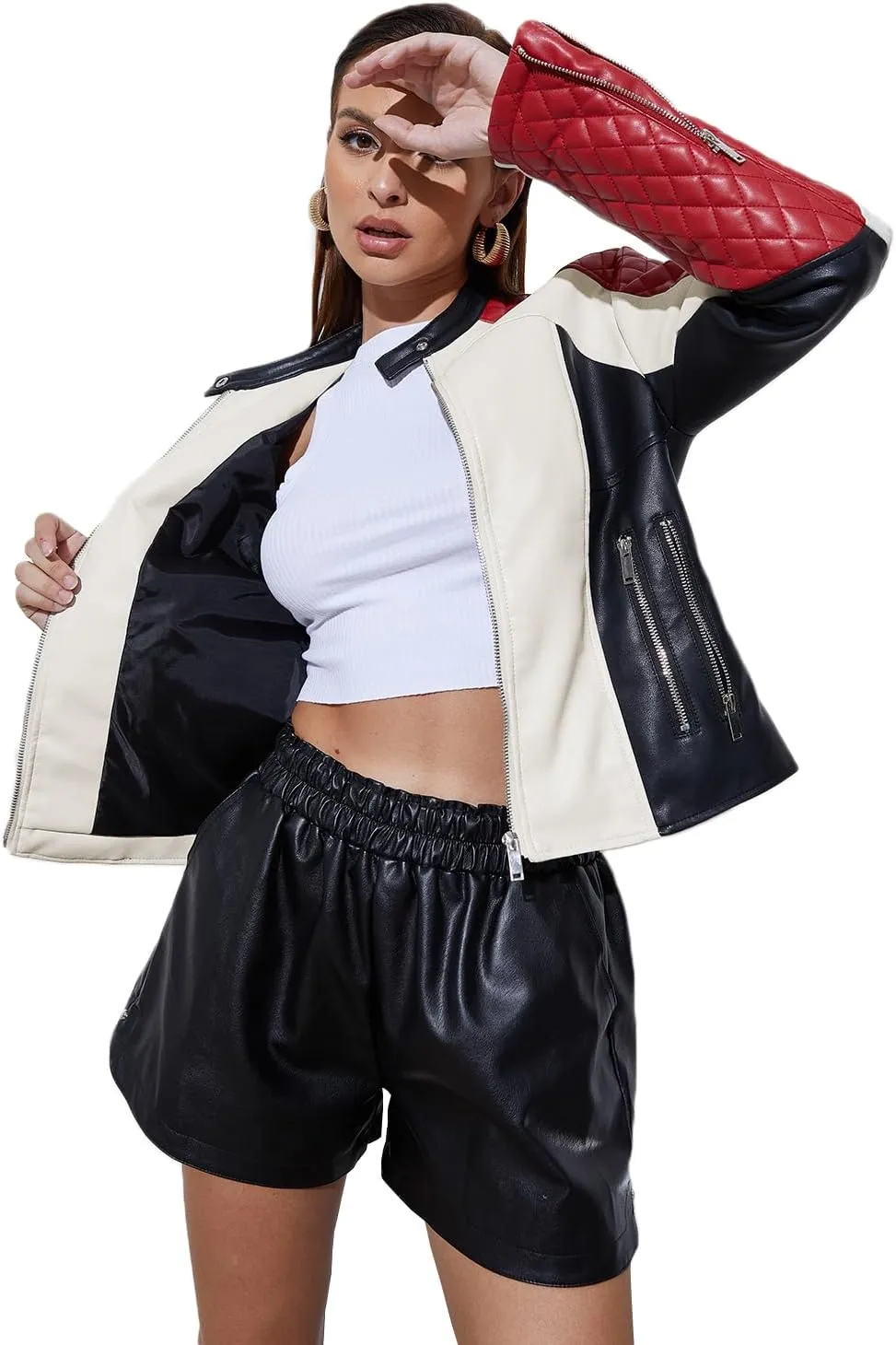 LY VAREY LIN Women's Faux Leather Bomber Jacket Patchwork Punk Moto Biker Coat
