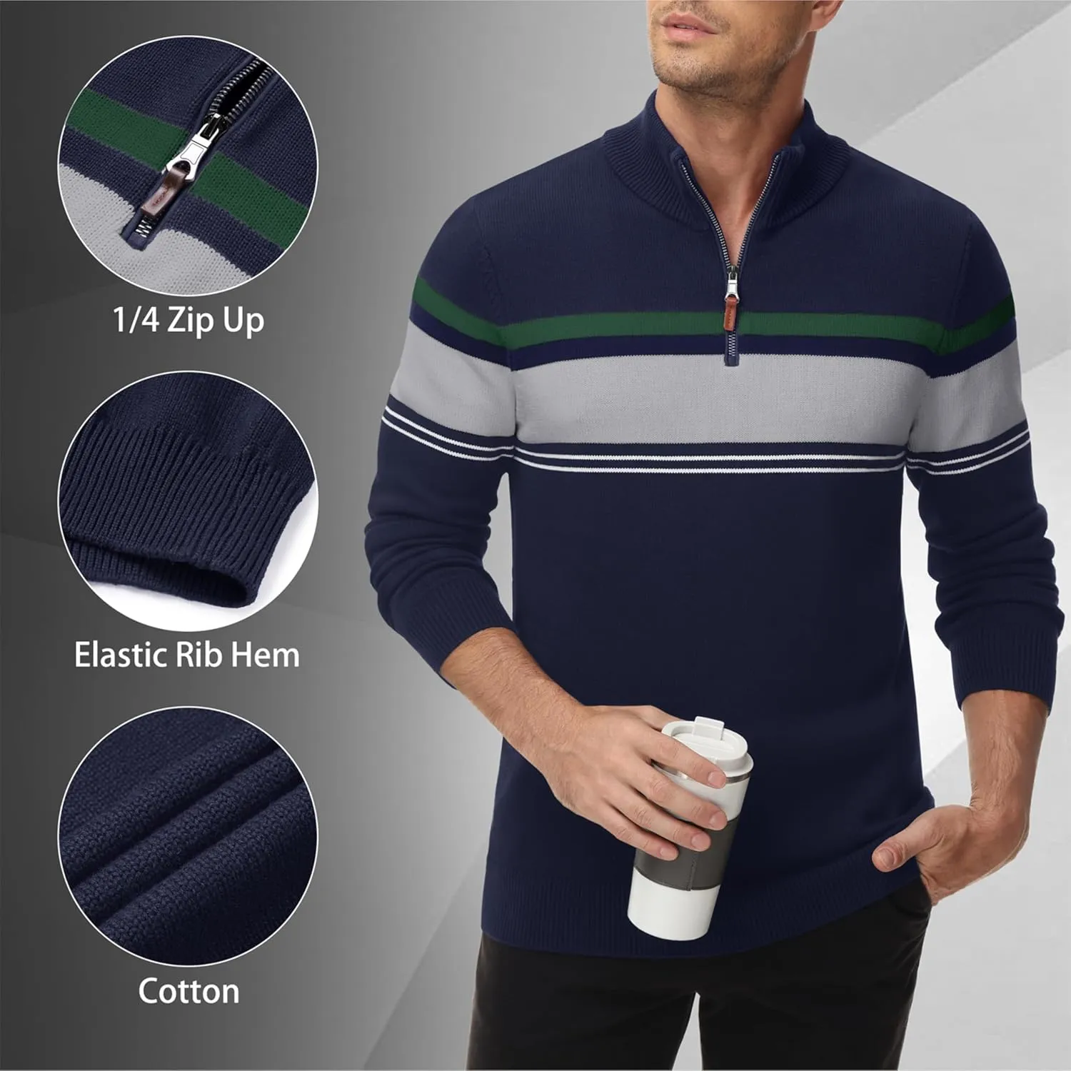 MAGNIVIT Men's Sweater Quarter Zip Striped Pullover Fall Winter Spring Color Block Polo Sweatshirts