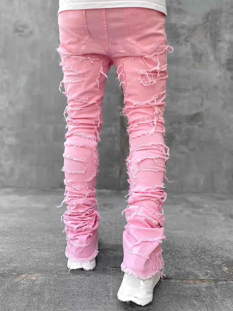 Men Trousers Individual Patched Pants Long Tight Fit Stacked Jeans for Mens Clothing