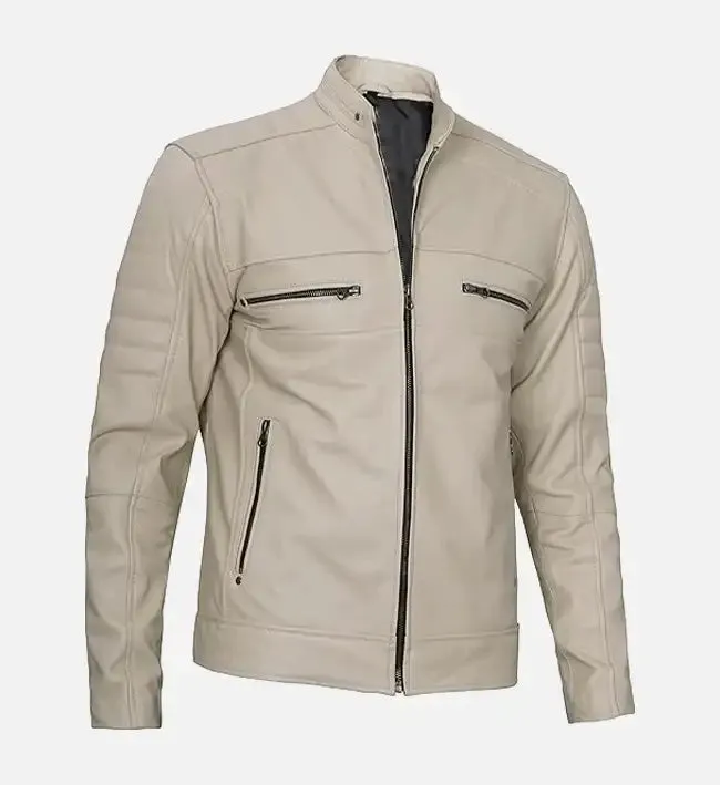 Men's Beige Cafe Racer Leather Jacket