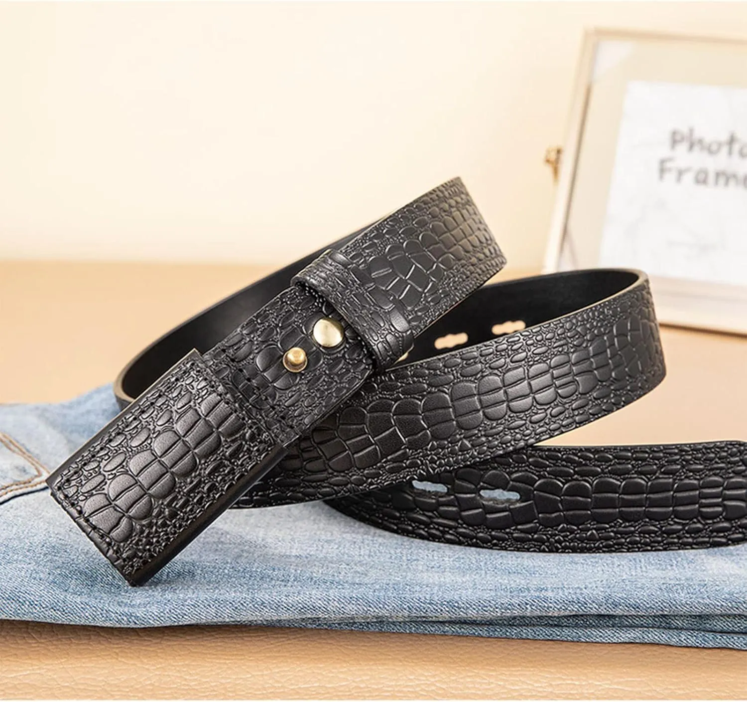 Mens No-Scratch No Buckle Mechanic Belt - Mens Belts Leather - Ratchet Belt Dress with Slide Automatic Buckle in Gift Box,Black,125CM/49.2''