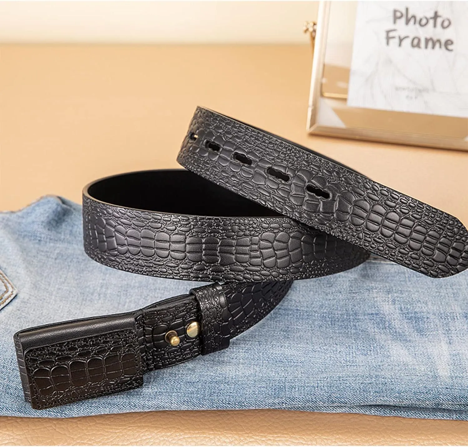 Mens No-Scratch No Buckle Mechanic Belt - Mens Belts Leather - Ratchet Belt Dress with Slide Automatic Buckle in Gift Box,Black,125CM/49.2''