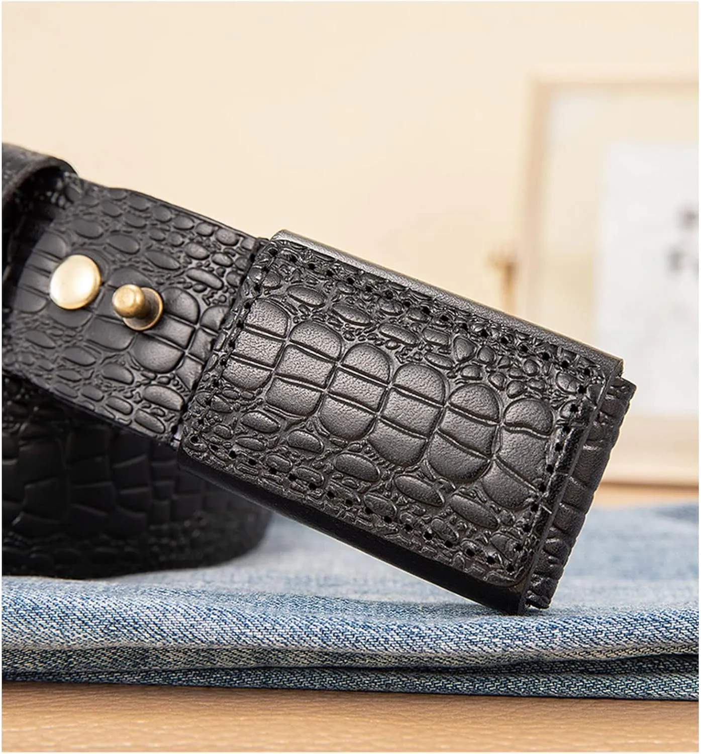 Mens No-Scratch No Buckle Mechanic Belt - Mens Belts Leather - Ratchet Belt Dress with Slide Automatic Buckle in Gift Box,Black,125CM/49.2''