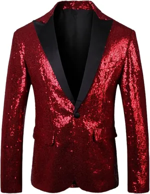 Mens Shiny Sequin Blazer Business One Button Suit Jacket Sport Coat Shawl Lapel Tuxedo Party Dinner Prom