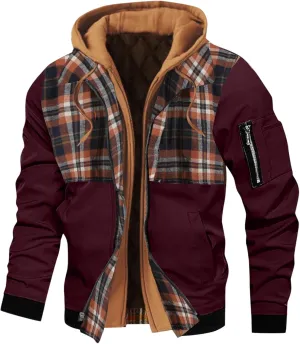 Mens Winter Warm Quilted Lined Flannel Tartan Hooded Jackets Long Sleeve Zip Up Western Moto Biker Thick Coat Outwear