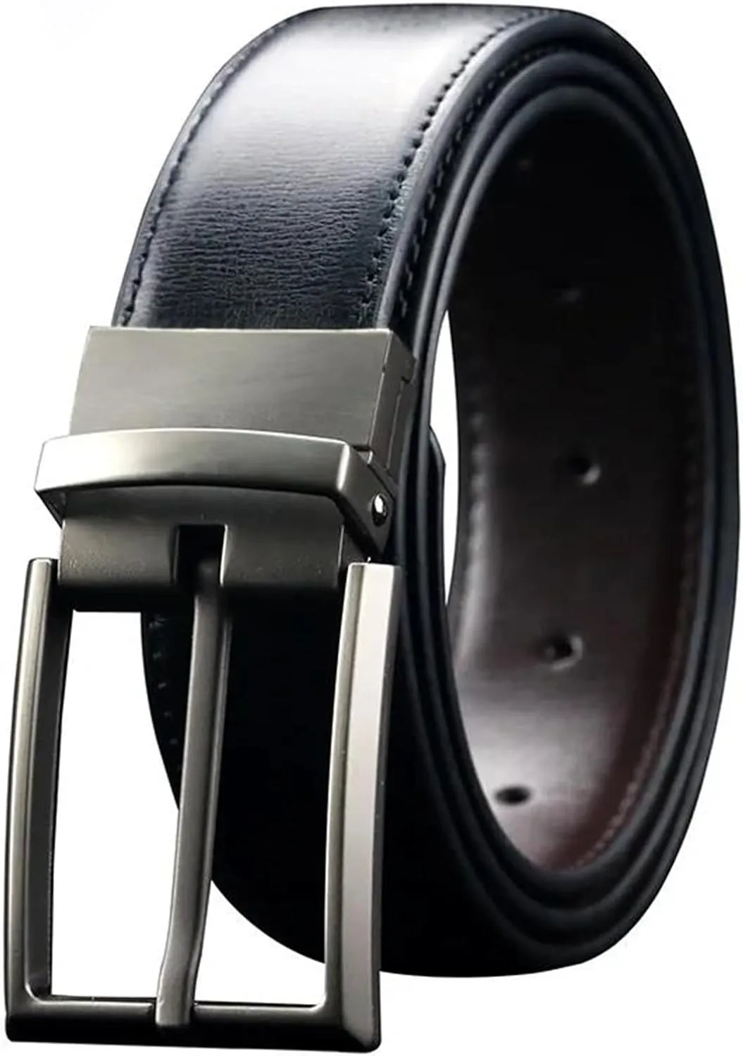 Mnjyihy Men's Reversible Leather Dress Belt Fashion Metal Pin Rotated Buckle Male Belt