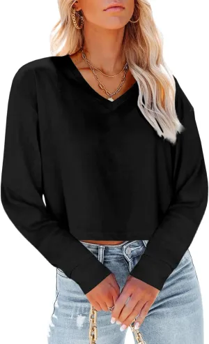 Tankaneo Womens V Neck Cropped T Shirts Casual Summer Crop Tops Half Sleeve Solid Color Crop Baisc Tees