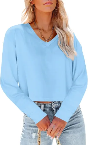 Tankaneo Womens V Neck Cropped T Shirts Casual Summer Crop Tops Half Sleeve Solid Color Crop Baisc Tees