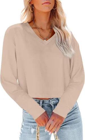 Tankaneo Womens V Neck Cropped T Shirts Casual Summer Crop Tops Half Sleeve Solid Color Crop Baisc Tees