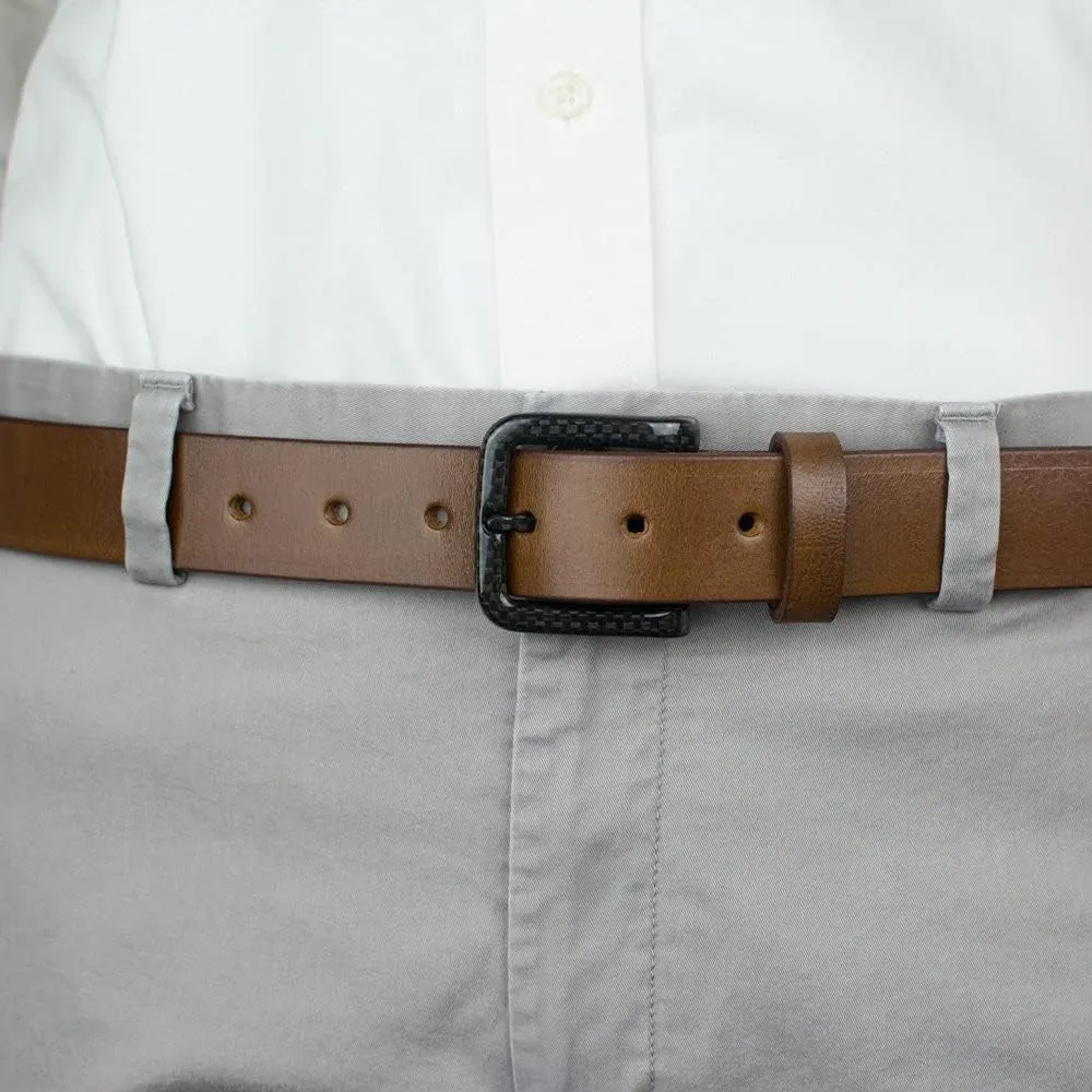 The Specialist Belt - Non-Metal Carbon Fiber Buckle, USA-Made Full Grain Leather, Nickel Free, TSA Friendly