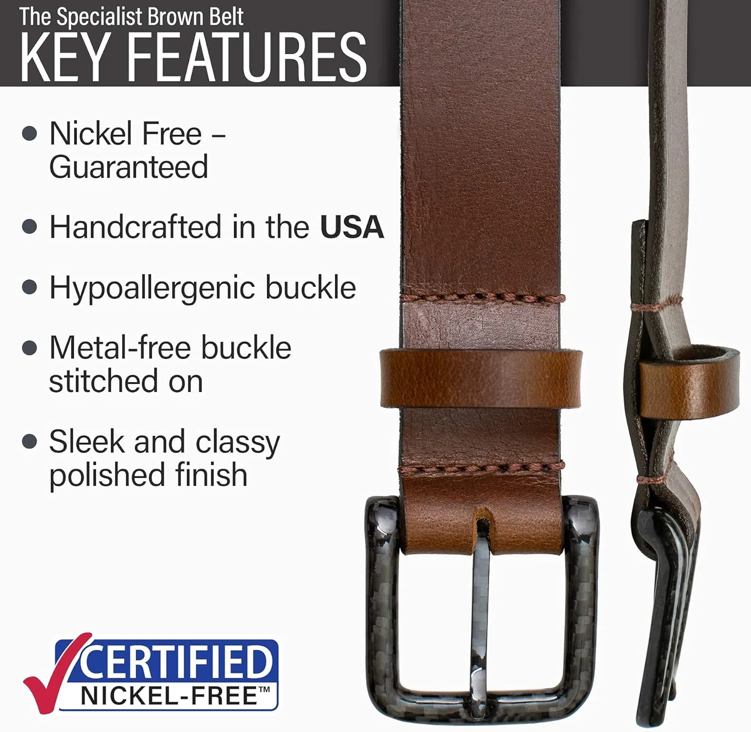 The Specialist Belt - Non-Metal Carbon Fiber Buckle, USA-Made Full Grain Leather, Nickel Free, TSA Friendly