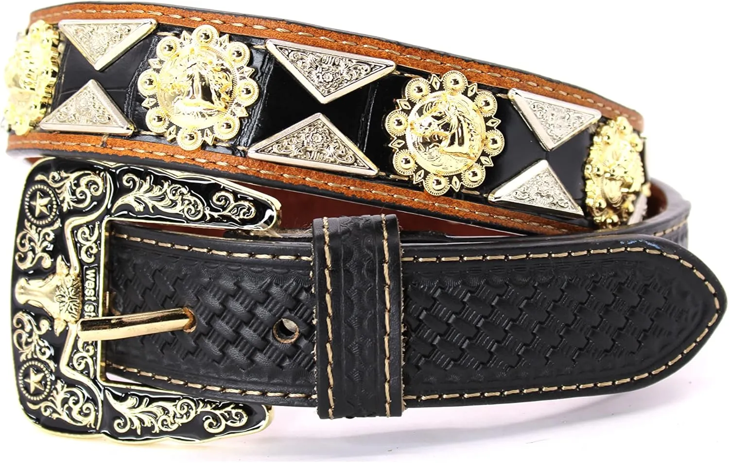 Western Leather Belt Gold Berry with Triangular Silver Concho Decoration