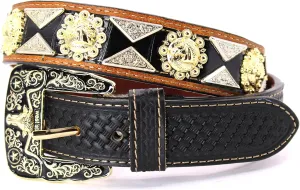 Western Leather Belt Gold Berry with Triangular Silver Concho Decoration