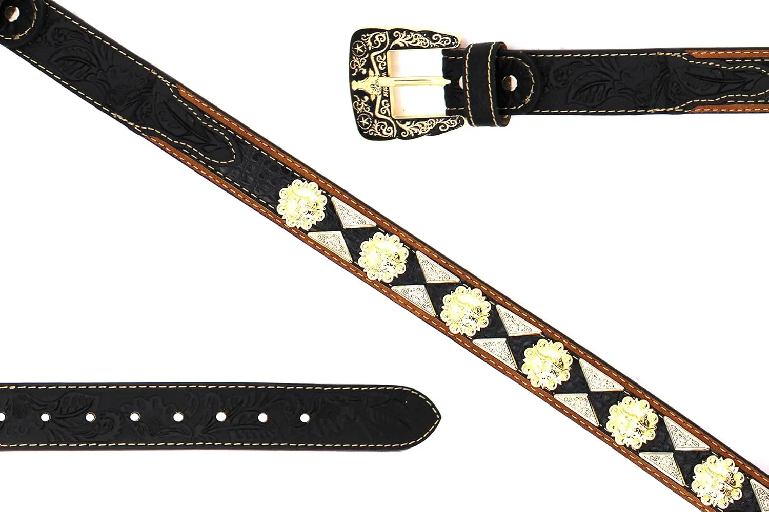 Western Leather Belt Gold Berry with Triangular Silver Concho Decoration