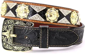 Western Leather Belt Gold Berry with Triangular Silver Concho Decoration