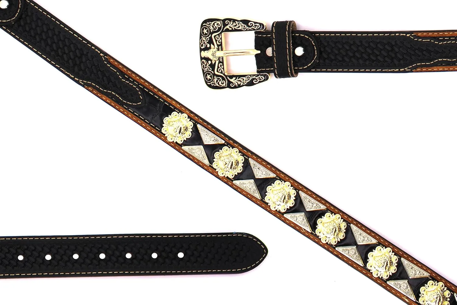 Western Leather Belt Gold Berry with Triangular Silver Concho Decoration