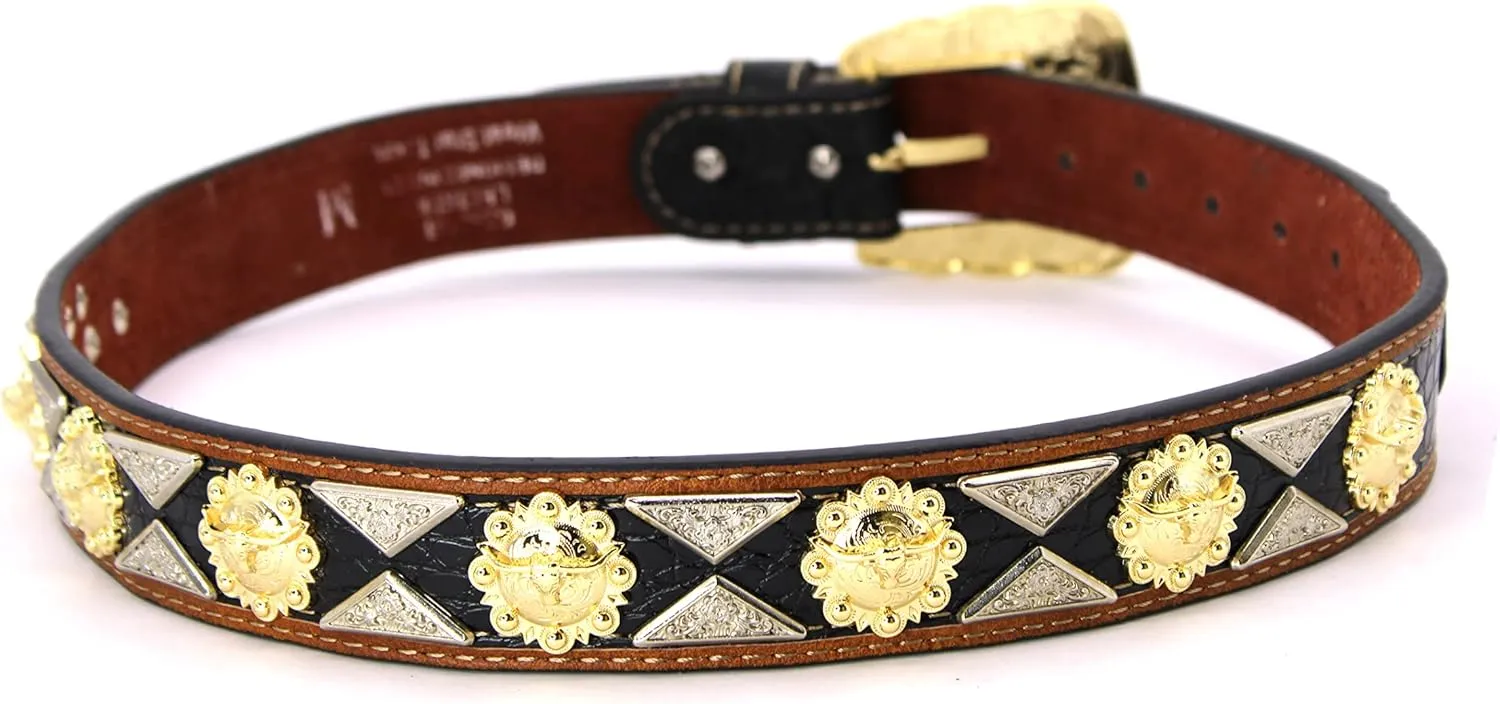 Western Leather Belt Gold Berry with Triangular Silver Concho Decoration
