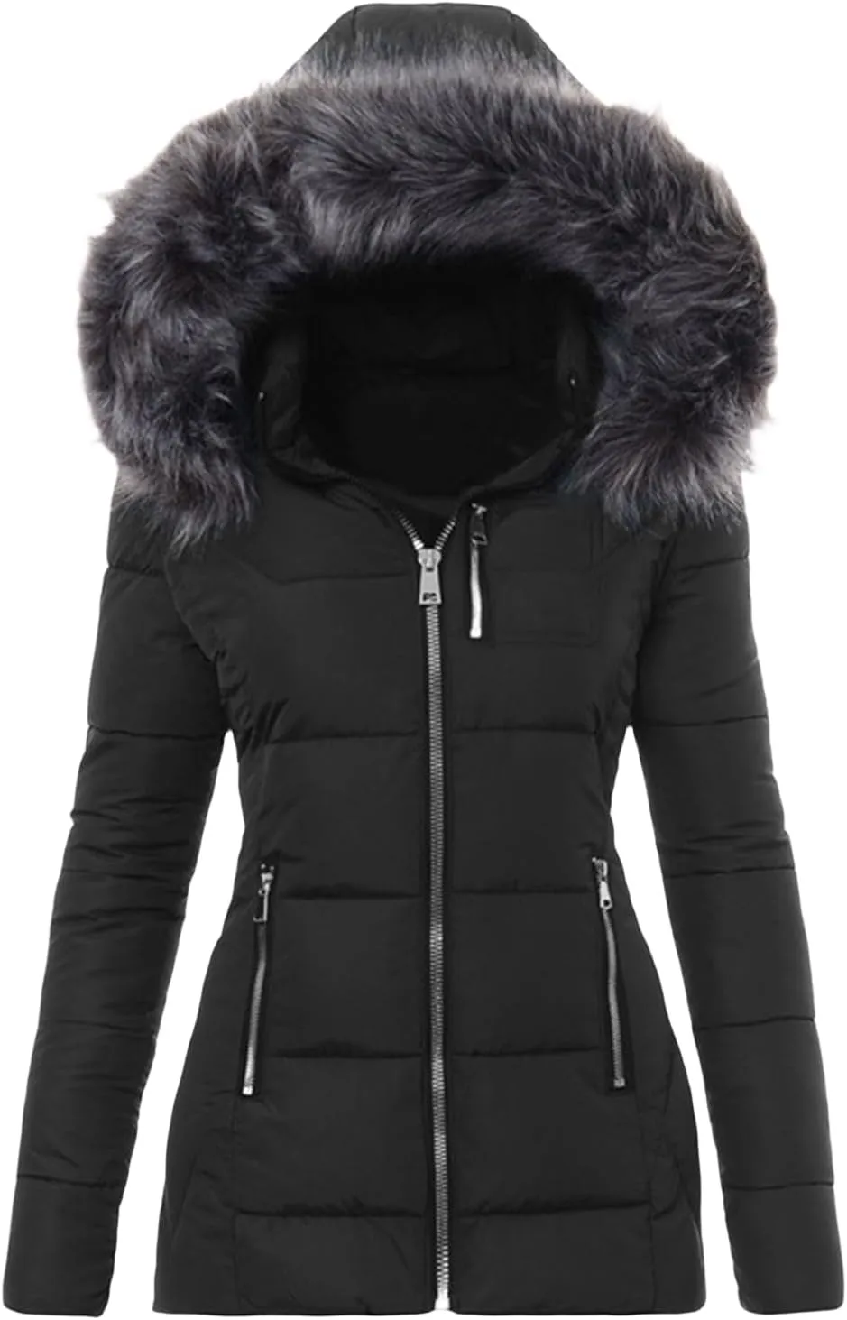 Womens Down Coats Thicken Warm Puffer Jacket Casual Trendy Long Sleeve Heavyweight Jackets with Faux Fur Hood
