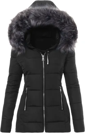 Womens Down Coats Thicken Warm Puffer Jacket Casual Trendy Long Sleeve Heavyweight Jackets with Faux Fur Hood