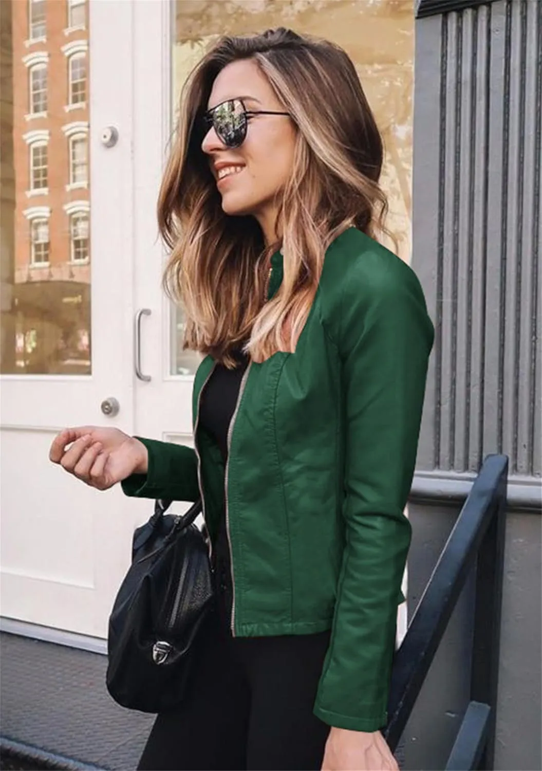 Women's Long Sleeve Fall Jacket Zipper Solid Blazer Patchwork Button Down Faux Leather Coat