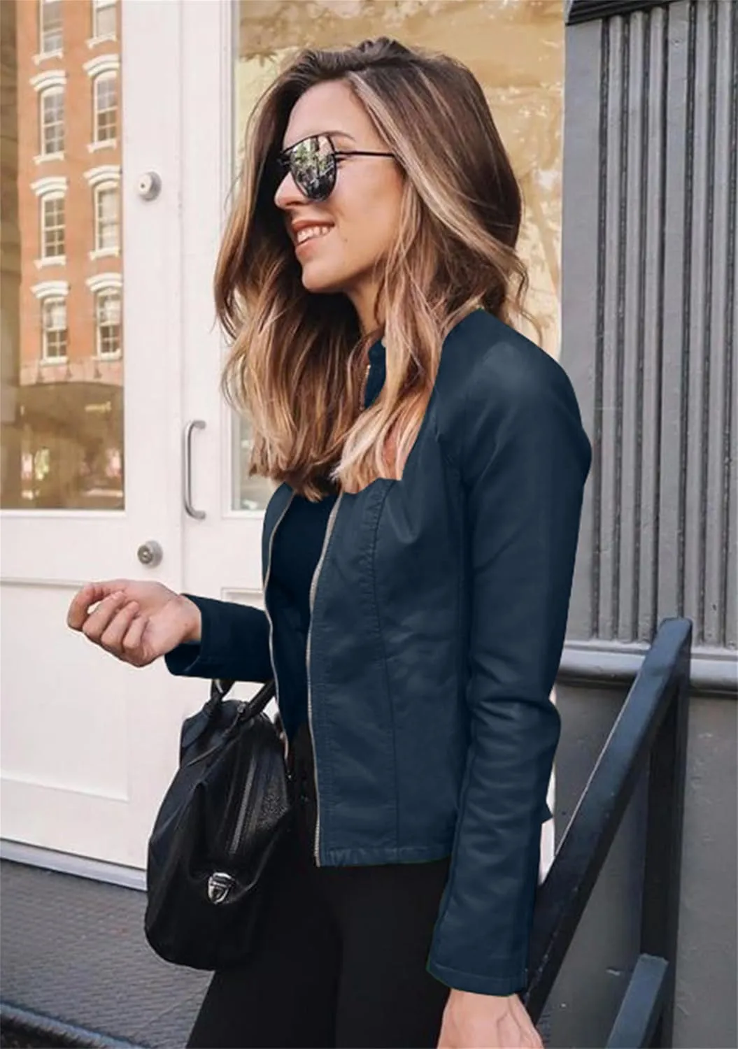 Women's Long Sleeve Fall Jacket Zipper Solid Blazer Patchwork Button Down Faux Leather Coat