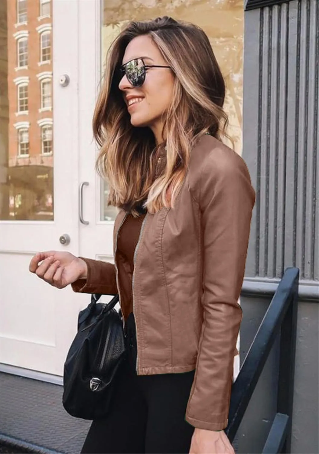 Women's Long Sleeve Fall Jacket Zipper Solid Blazer Patchwork Button Down Faux Leather Coat