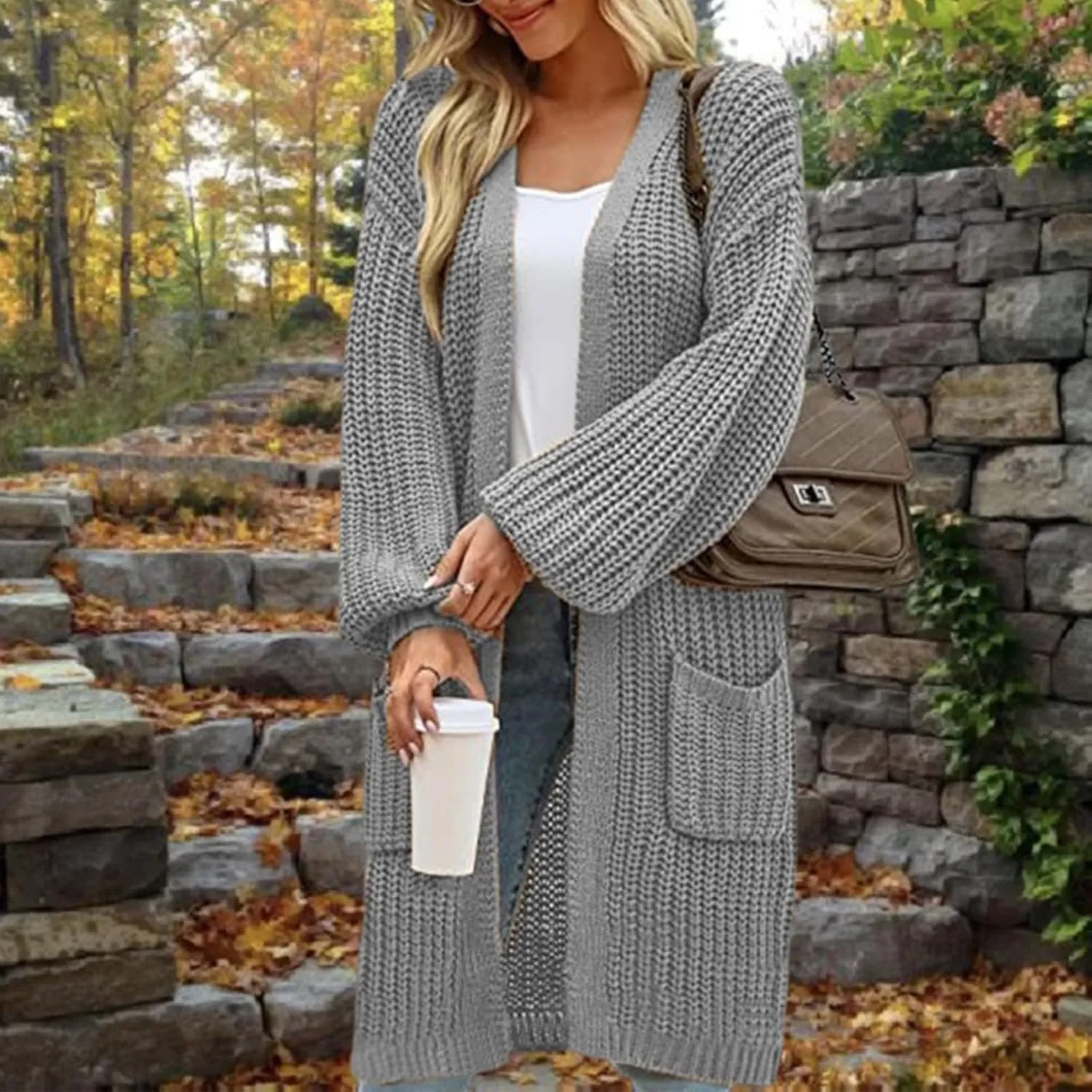 Women's Open Front Cardigan Oversized Chunky Knit Sweater Long Lantern Sleeve Outwear with Pocket 2025 Fashion