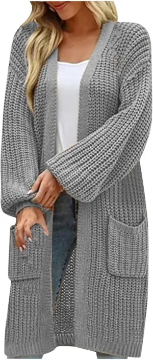 Women's Open Front Cardigan Oversized Chunky Knit Sweater Long Lantern Sleeve Outwear with Pocket 2025 Fashion