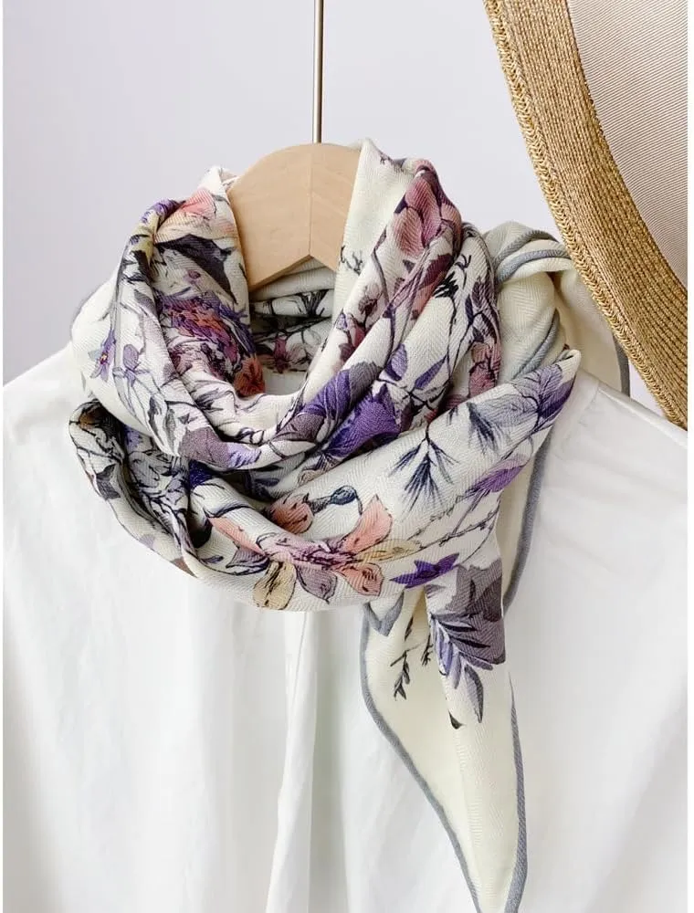 Women's Square Wool Blend Silk Scarf, 33 inches, Double Sides Printed,Luxury Scarf with Gift Box