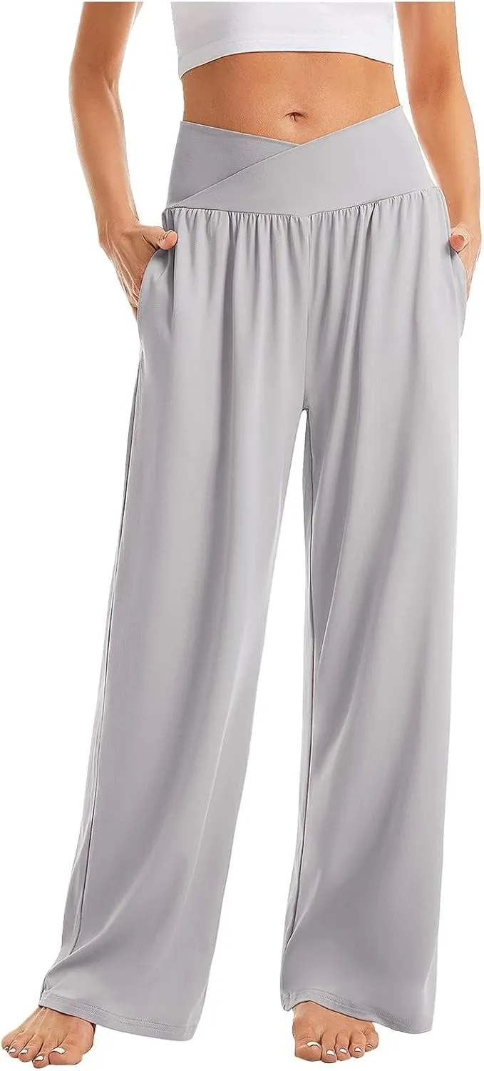 Yoga Pants with Pockets for Women Crossover V Waist Wide Leg High Waisted Casual Lounge Pants Straight Leg Pull on Pants
