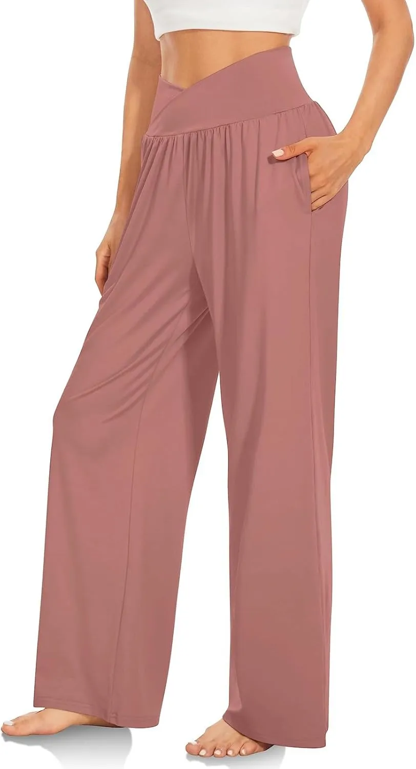 Yoga Pants with Pockets for Women Crossover V Waist Wide Leg High Waisted Casual Lounge Pants Straight Leg Pull on Pants