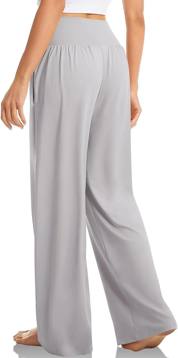 Yoga Pants with Pockets for Women Crossover V Waist Wide Leg High Waisted Casual Lounge Pants Straight Leg Pull on Pants