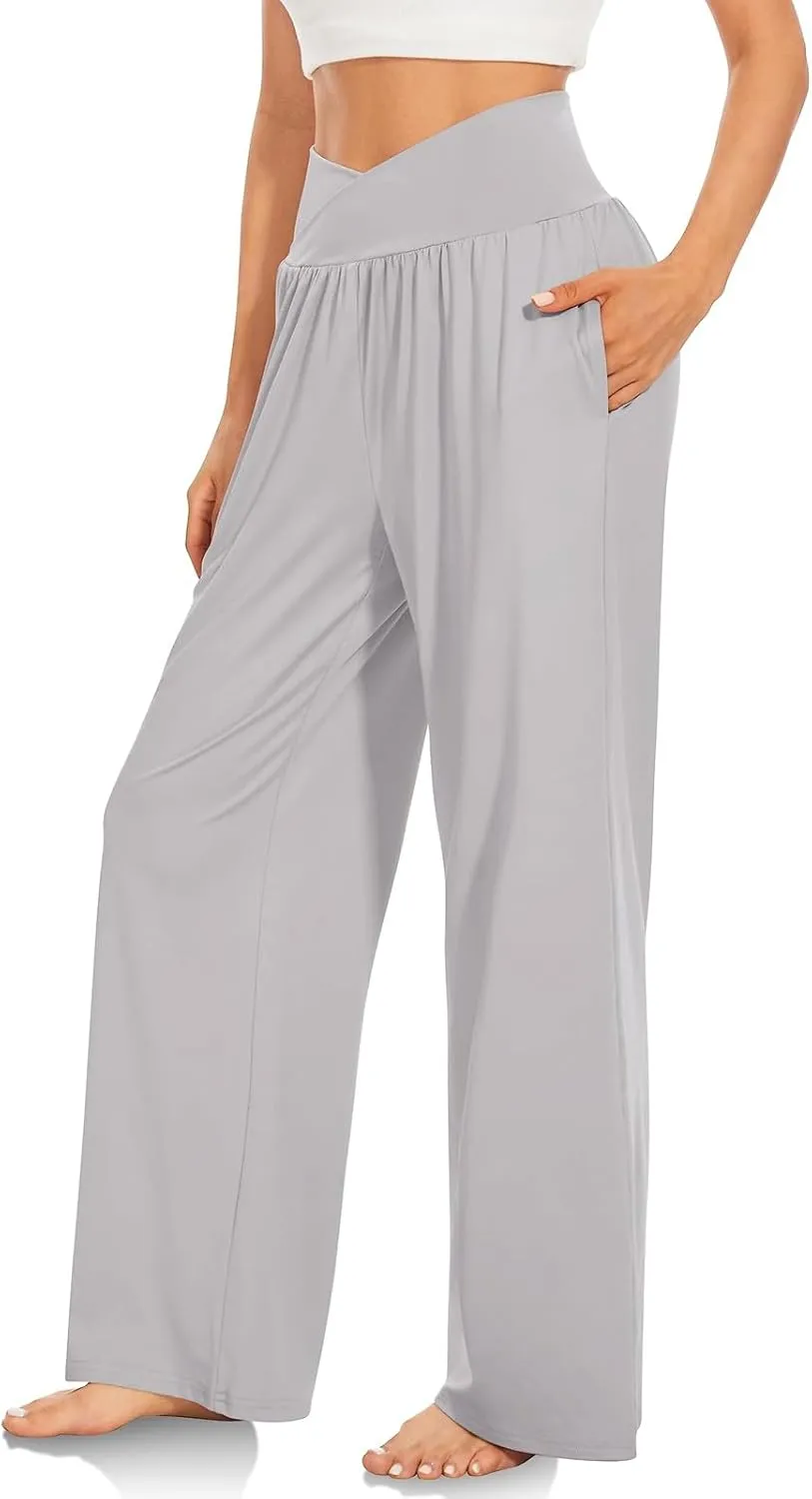Yoga Pants with Pockets for Women Crossover V Waist Wide Leg High Waisted Casual Lounge Pants Straight Leg Pull on Pants