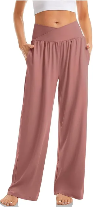 Yoga Pants with Pockets for Women Crossover V Waist Wide Leg High Waisted Casual Lounge Pants Straight Leg Pull on Pants