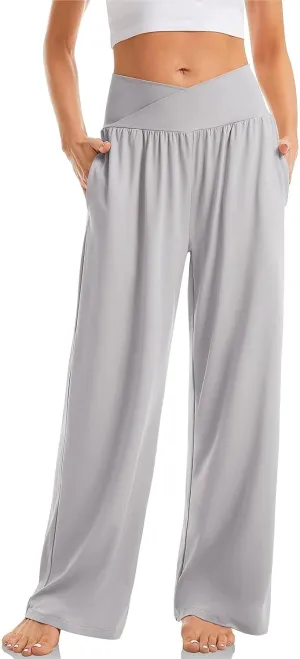 Yoga Pants with Pockets for Women Crossover V Waist Wide Leg High Waisted Casual Lounge Pants Straight Leg Pull on Pants